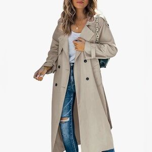 MAKKORM Women's Double Breasted Long Trench Coat Slim Overcoat with Belt